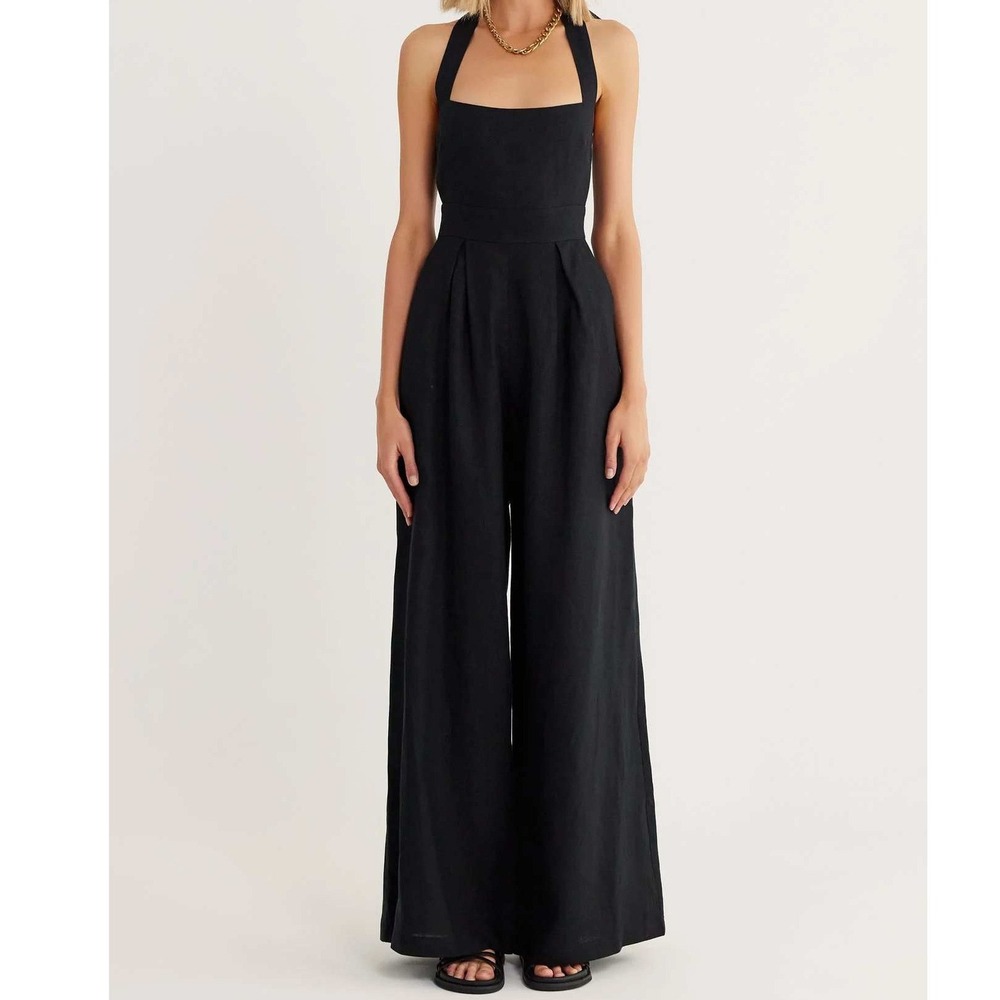 Rumer The Label Black 100% Linen Wide Leg Halter Jumpsuit Size S Australia